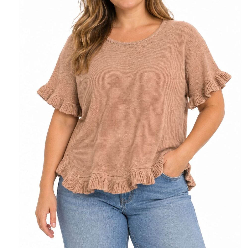 NY Collection Blush Pink Ruffle Trim Short Sleeve Sweater | Medium